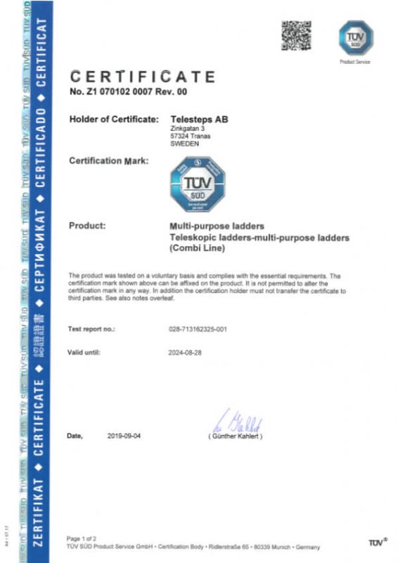 Telesteps combi line certificate cover